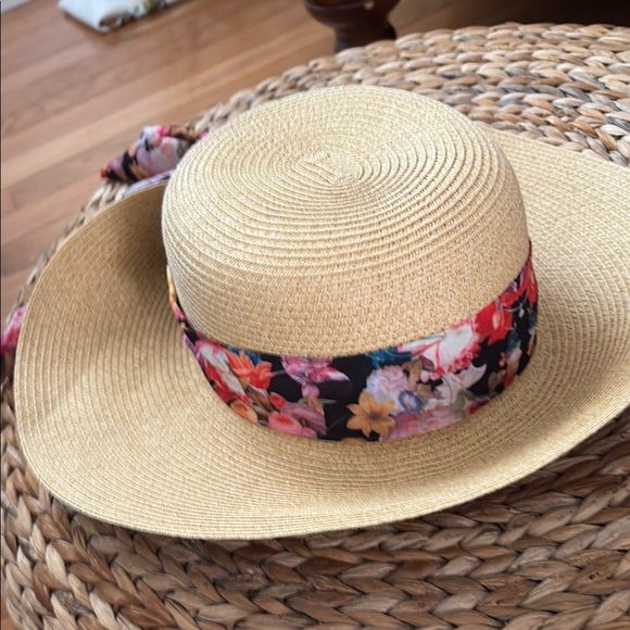 Tan Straw Sun Hat with Wide Brim and Decorative Floral Scarf Band - Picture 4 of 9
